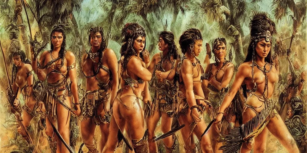 Image similar to movie, ancient battle in jungle, beautiful brutal aztec and Amazonian females fight, epic, vintage, blood, slight inspiration of Boris vallejo and apocalypto