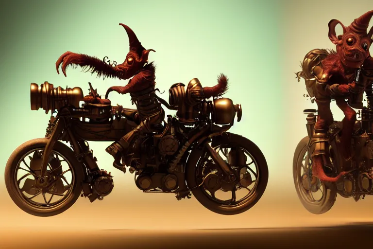 Image similar to a goblin riding a steampunk motorcycle, volumetric light, hyperdetailed, artstation, cgsociety, 8k