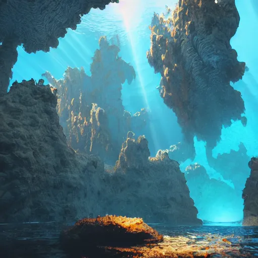 Image similar to underwater caverns, crepuscular rays, digital art, trending on artstation, unreal engine, 4k