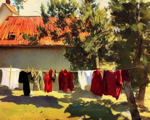 Prompt: clothesline with laundry in the sun, sunny, shadows, log cabin, clothesline with white and red and yellow laundry, sorolla, anders zorn, kroyer