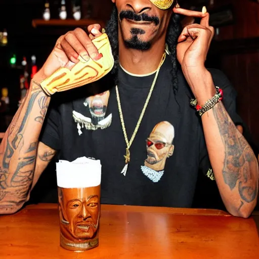 Image similar to snoop dogg at trader vic's bar holding a tiki mug with his face on it