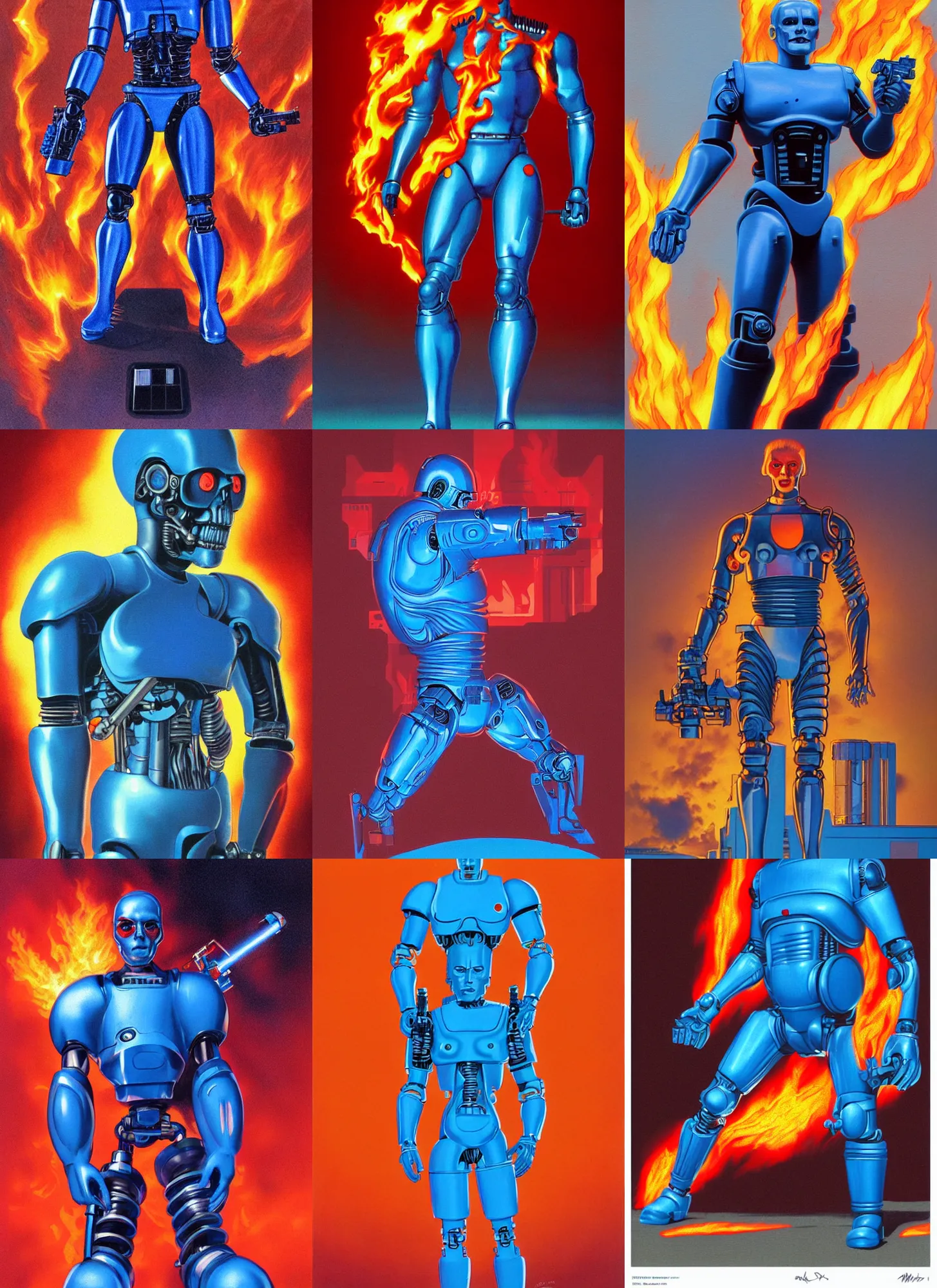 Prompt: full body concept illustration of a retro sci - fi flat colored blue humanoid terminator by michael whelan, flat red colored flames