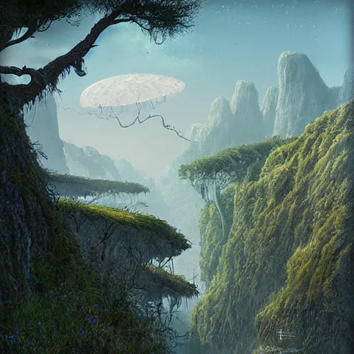 Image similar to digital art of a lush natural scene on an alien planet by michal klimczak ( shume ). extremely detailed. science fiction. beautiful landscape. weird vegetation. cliffs and water.