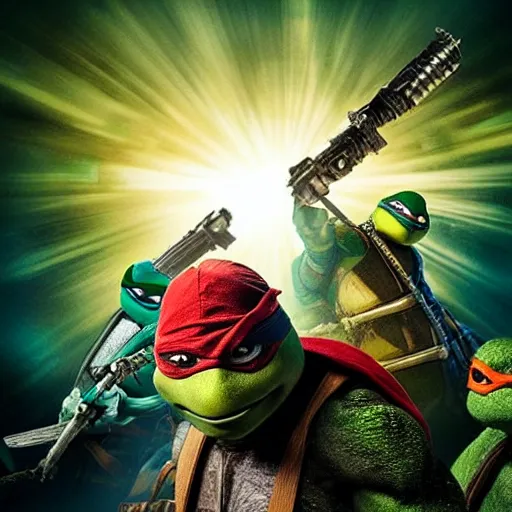 Image similar to teenage mutant ninja turtle, epic action movie poster, hyper realistic award winning photography, epic volumetric lighting, colorful, stunning glowing eyes