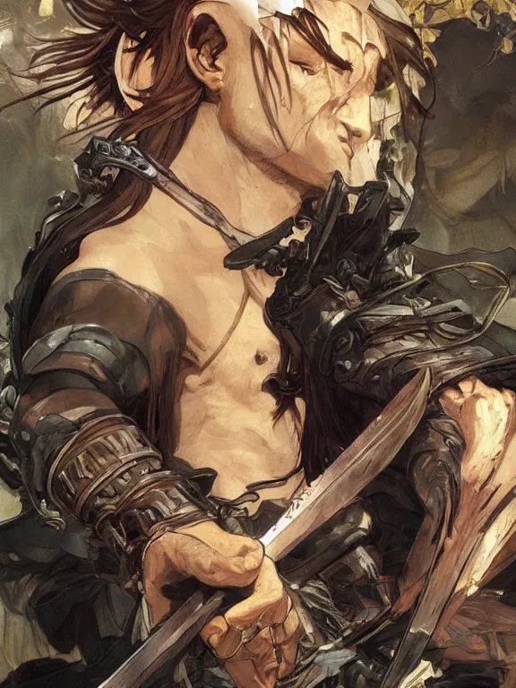 Prompt: close up picture of a saint sword man being tired at war. looking at the camera, cynical, bored, beautiful and aesthetic, intricate, unreal engine, messy hair, highly detailed, detailed face, smooth, sharp focus, chiaroscuro, manga illustration, artgerm, greg rutkowski, alphonse mucha, young adult light novel cover art