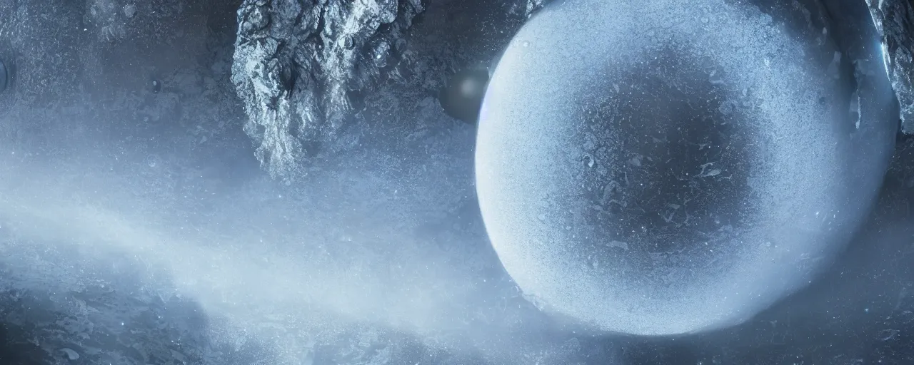 Prompt: ” outer planet covered in ice, [ by wlop, cinematic, detailed, epic, widescreen, opening, establishing, mattepainting, photorealistic, realistic textures, octane render ] ”