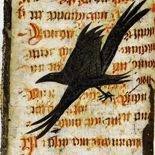 Image similar to bad drawed mix between a crow and a mage king in a medieval manuscript, medieval manuscript, golden miniatures