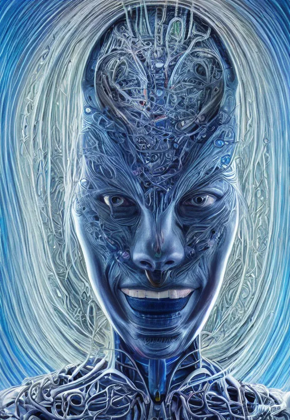 Prompt: perfectly centered portrait front view of a beautiful biomechanical alien robot, flowing hair, intense stare, sweet smile, symmetrical, concept art, intricate detail, volumetric shadows and lighting, realistic oil painting by alex grey,