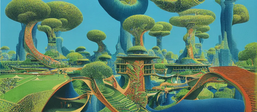 Image similar to huge gargantuan angular dimension of pagoda liminal spaces, temples by escher and ricardo bofill. utopian singaporean landscape by roger dean. magical realism, royal blue surrealism, lush sakura trees, waterfalls, thunder, lightning, cyberpunk, shot from below, epic scale