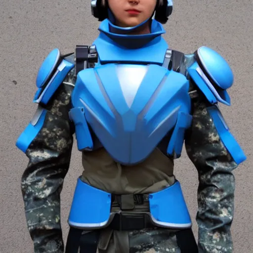 Image similar to a futuristic soldier captain with a metal visor and a blue shoulderpad in anime style