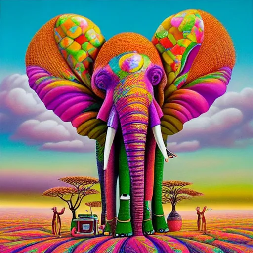 Prompt: a regal and elegant african queen with a colorful afro sitting in a cabana on top of an extremely large steampunk elephant near a pink lake with a large glowing baobab tree, by amanda sage and alex grey and evgeni gordiets and thomas kinkade in a surreal psychedelic style, oil on canvas 8k, hd