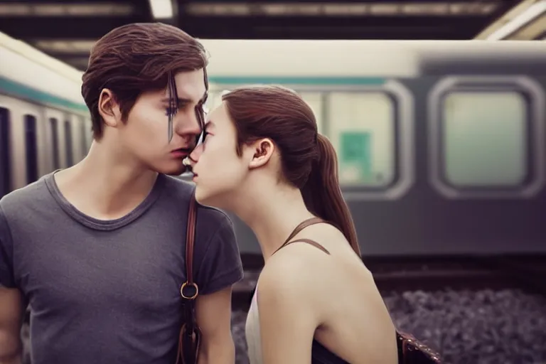 Image similar to vfx film closeup couple in a train station flat color profile low - key lighting award winning photography arri alexa cinematography, hyper real photorealistic cinematic beautiful natural skin, famous face, atmospheric cool colorgrade
