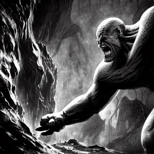 Image similar to black and white thanos fight with the thanos in a cave, by tsutomu nihei, black and white, old cave with slime and wires blur background, cinematic, perspective, realistic