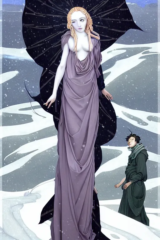 Prompt: 3 Winter Deities, (one representing each month of December, January, and February), in a style blending Æon Flux, Peter Chung, Botticelli, Ivan Bolivian, and John Singer Sargent, inspired by pre-raphaelite paintings, shoujo manga, and cool Japanese street fashion, dramatic moody cold landscape, dark and muted colors, hyper detailed, super fine inking lines, ethereal atmosphere, ghost, 4K extremely photorealistic, Arnold render