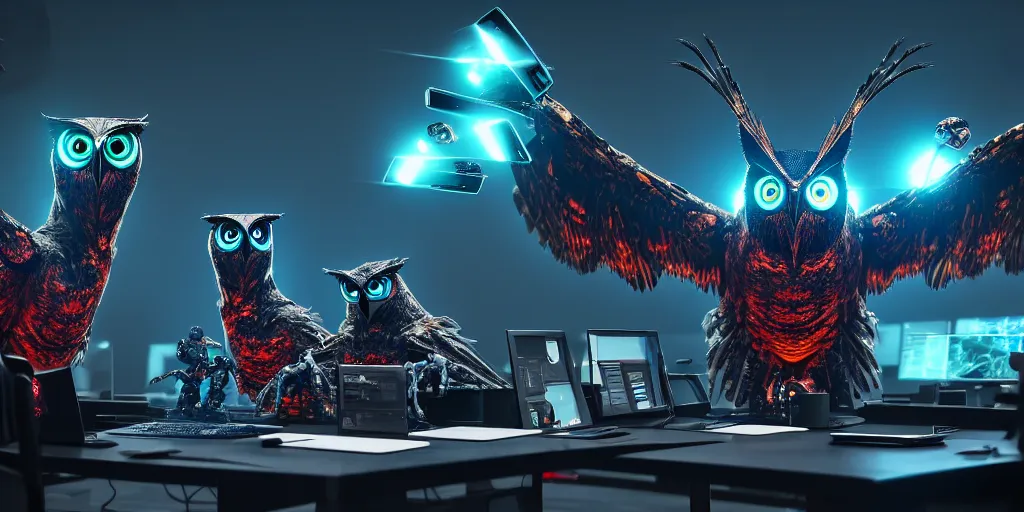 Image similar to an giant evil, malevolent, cyborg owls looking at a computer, surrounded by computer screens. this 4 k hd image is trending on artstation, featured on behance, well - rendered, extra crisp, features intricate detail and the style of unreal engine. volumetric lighting octane render