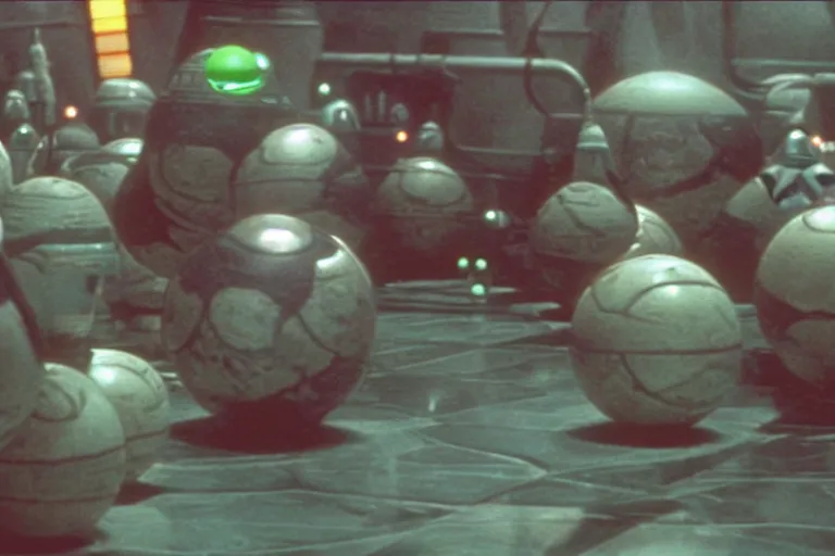 Image similar to A movie shot from Star Wars The Empire Strikes Back on Yoda's planet, The Dude from The Big Lebowski using the force on 9 bowling balls making them levitate around him