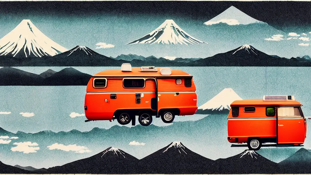 Prompt: japan various natural splendor and rural camper touring, a representational non - abstract collage painting, in the style of wes anderson, lola dupre, david hockney, isolated on negative space background bright monochrome spraypaint accents volumetric octane render