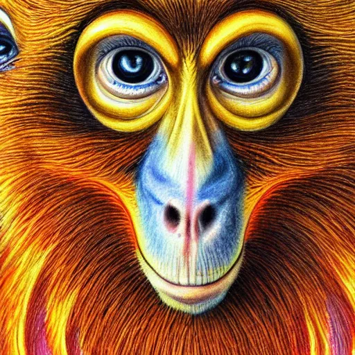 Prompt: Colored pencil art on paper, Inferno Flame Monkey, highly detailed, artstation, MasterPiece, Award-Winning, Caran d'Ache Luminance