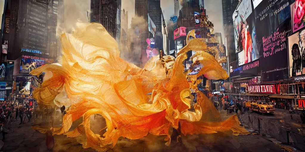 Image similar to 'Deamons unleashed in Times Square' by István Sándorfi royally decorated, whirling smoke, embers, gold encrustations , gilt silk torn fabric, radiant colors, fantasy, perfect lighting, studio lit, volumetric lighting, micro details, 3d sculpture,