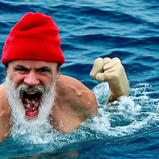 Prompt: steve zissou having a fist fight with a great white shark