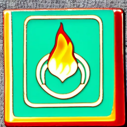 Image similar to a square enamel pin depicting a minimalistic clean fire flames warning label, smooth curves