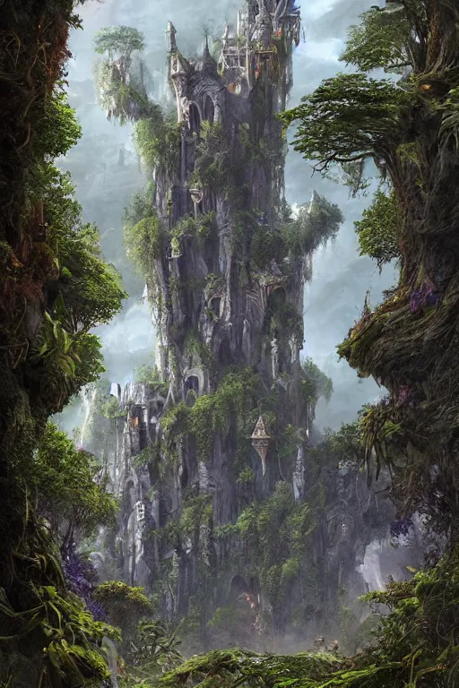 Image similar to fairy palace-castle, towers, gnarly trees, lush vegetation, forrest, landscape, raphael lacoste, eddie mendoza, alex ross, concept art, matte painting, highly detailed, rule of thirds, dynamic lighting, cinematic, detailed, denoised, centerd