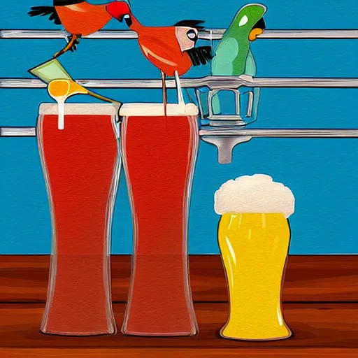 Prompt: Colorful illustration of Two humanoid parrot bartender behind bar. One of them is pouring a beer. Digital art