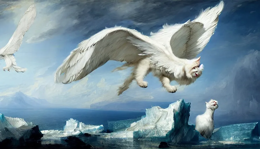 Image similar to highly detailed painting of white giant griffon cat bears with large feathered wings on a blue and white iceberg by william turner, by greg rutkowski, by william constable, thick brush strokes and visible paint layers, 4 k resolution