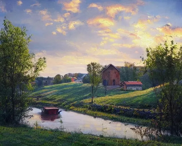 Image similar to a beautiful view of a peaceful village in ukraine. art by denys tsiperko and bogdan rezunenko, hyperrealism