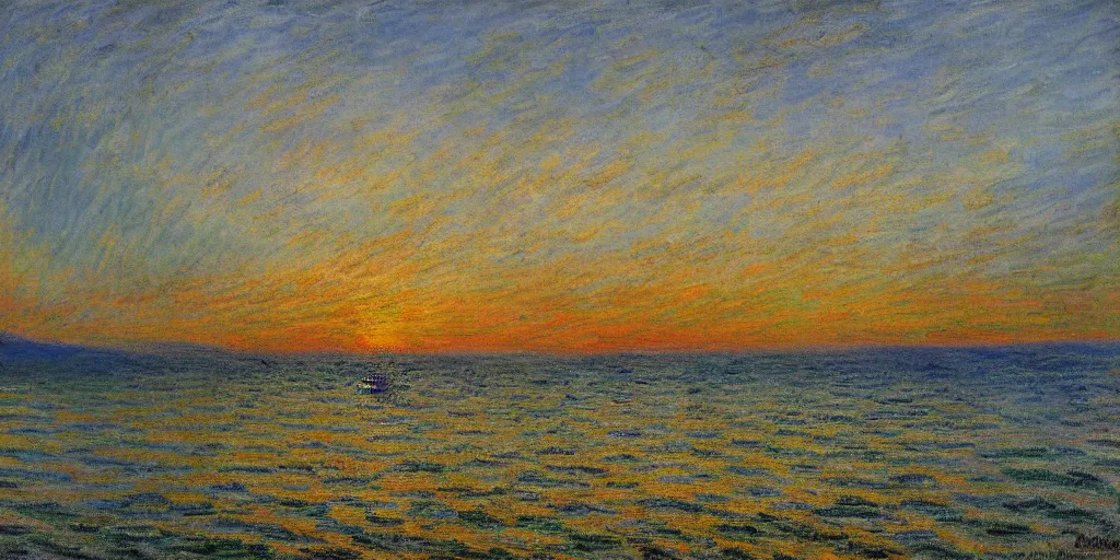 Prompt: a beautiful mexican coast in a sunset, dramatic lighting, painted by claude monet