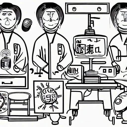 Image similar to chinese surgery operating table, in the style of daniel johnston and outsider art, 8k, line brush, minimal, hard lines, overlaid with traditional chinese adverts