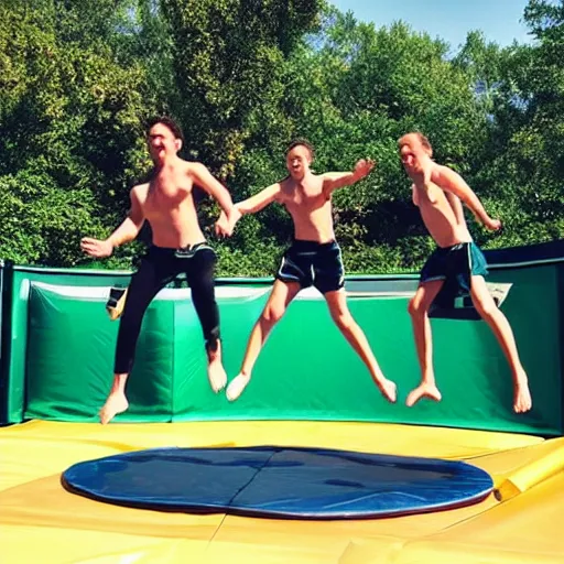 Prompt: “Spartans jumping on trampoline”