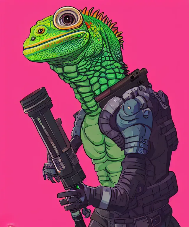 Image similar to a portrait of an anthropomorphic iguana holding a bazooka, cyberpunk!, fantasy, elegant, digital painting, artstation, concept art, matte, sharp focus, illustration, art by josan gonzalez