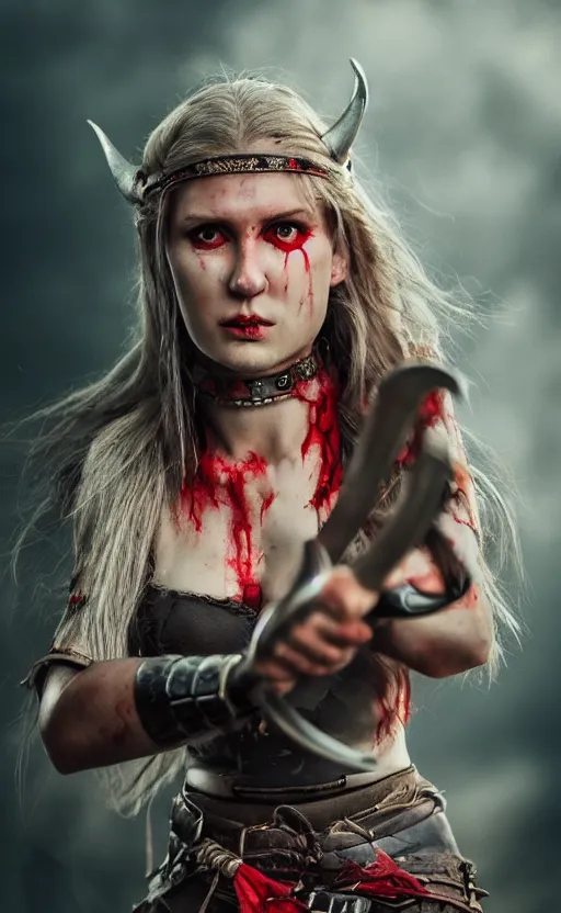 Image similar to photorealistic 3/4 photograph of beautiful female viking warrior, angry with big grey eyes, red tribal warpaint, Frank frazetta, arney freytag, octane, bokeh, 8k, action pose, bloody, cinematic, 28mm