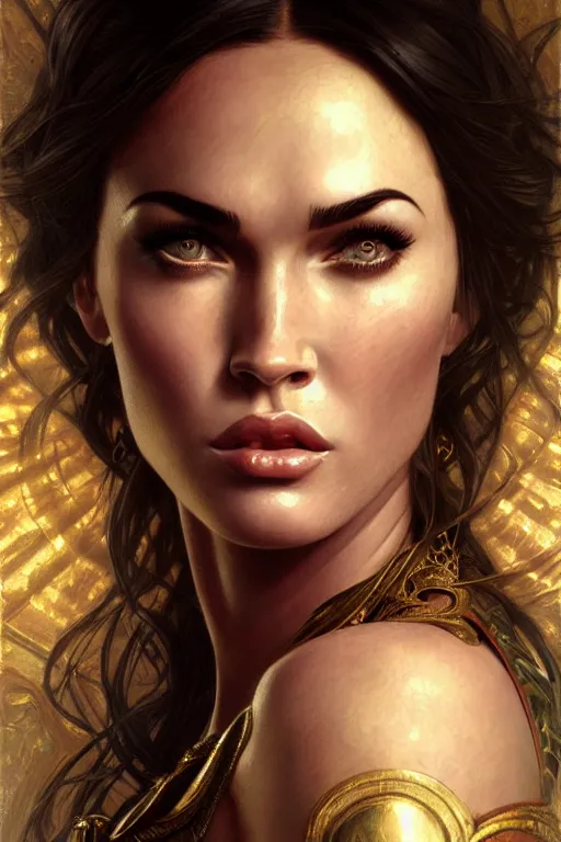 Image similar to portrait of megan fox as the goddess circe, greek mythology, intricate, headshot, highly detailed, digital painting, artstation, concept art, sharp focus, cinematic lighting, illustration, art by artgerm and greg rutkowski, alphonse mucha, cgsociety