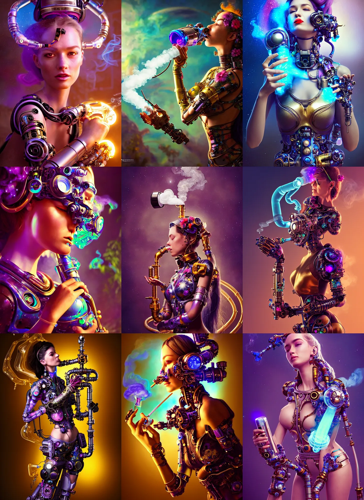 Prompt: polished lush galactic cowgirl ornate floral edm cyborg smoking from an elaborate waterpipe : : weta disney pixar movie still photo : : hi - fructose, sci fi, decadent highly - detailed digital painting, golden ratio, octane render, artstation, smooth, sharp focus, artgerm mucha, loish, wlop : :
