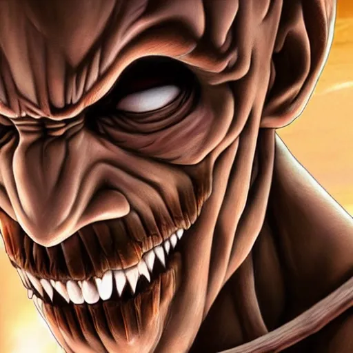 Prompt: hyper realistic and detailed digital artwork of Tupac as the colossal titan from the anime 'Attack on Titan'. The image looks creepy, dark and tetric.