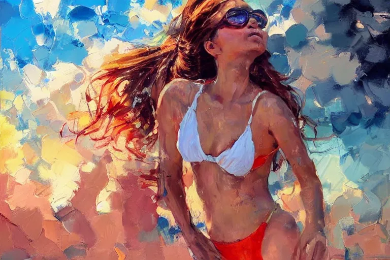 Prompt: girl with a ponytail wearing bikini looking at a hydrogen bomb test, expressive oil painting, digital art, high quality, by michael garmash, by rob rey, by conrad roset, beautiful girl, apocalyptic