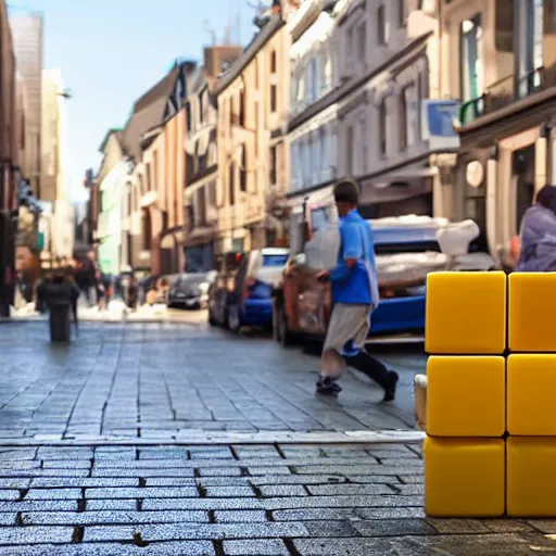 Prompt: person walking in the street in lego blocks