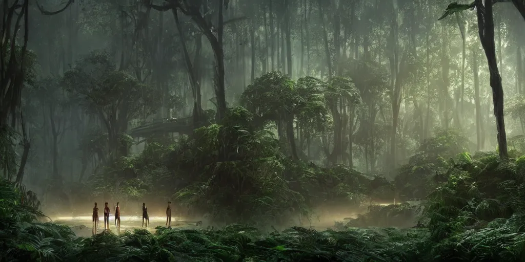 Prompt: screenshot from a movie, epic matte painting of a group of scientists in a bioluminescent jungle, cinematic cinematography masterpiece, greg rutkowski, and ivan aivazovski, roger deakins
