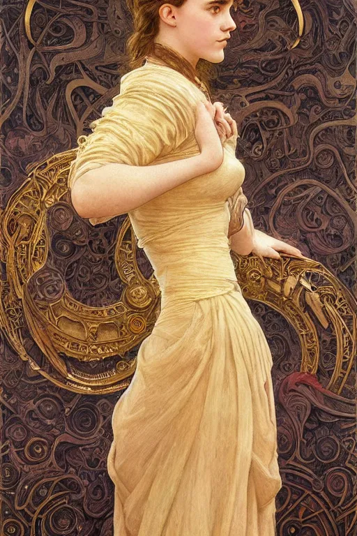 Image similar to a full body art nouveau portrait of a 16-year old girl who resembles Emma Watson, Saoirse Ronan and Anya Taylor Joy, ornate intricate golden battle armor, intricate, elegant, highly detailed, digital painting, artstation, concept art, smooth, sharp focus, illustration, art by John William Waterhouse and greg rutkowski and Donato Giancola and alphonse mucha