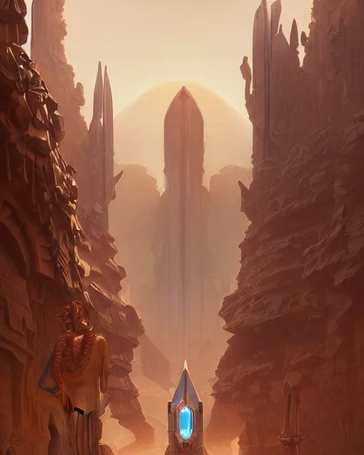 Image similar to art deco sci fi palace in the desert, fantasy, intricate, elegant, highly detailed, digital painting, artstation, concept art, matte, sharp, illustration, hearthstone, art by artgerm and greg rutkowski and alphonse mucha