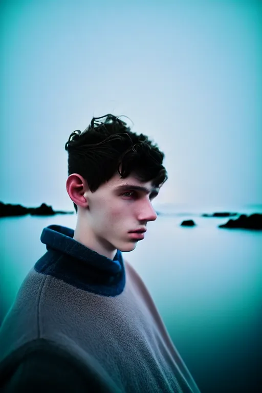 Image similar to high quality pastel coloured film mid angle portrait photograph of a beautiful young 2 0 year old male, soft features, short black hair, baggy oversized inflated clothing!!!!! icelandic black rock pool environment. atmospheric. three point light. photographic. art directed. ( pastel colours ). volumetric light. clearcoat. waves glitch. 8 k. filmic.