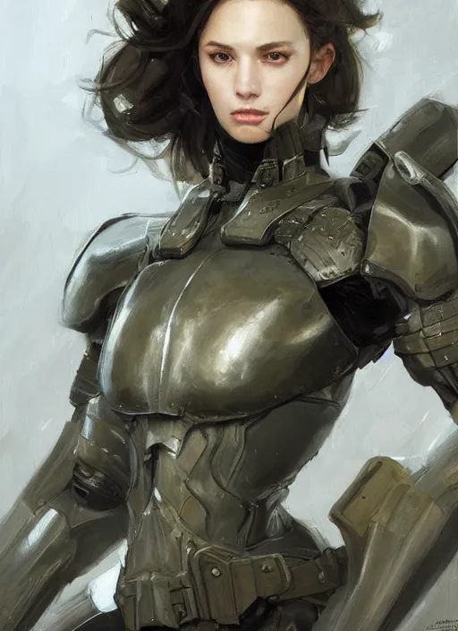 Image similar to a professional painting of a beautiful young female, clothed in military armor, olive skin, long dark hair, beautiful bone structure, symmetrical facial features, intricate, elegant, digital painting, concept art, smooth, sharp focus, illustration, from Metal Gear, by Ruan Jia and Mandy Jurgens and Artgerm and William-Adolphe Bouguerea