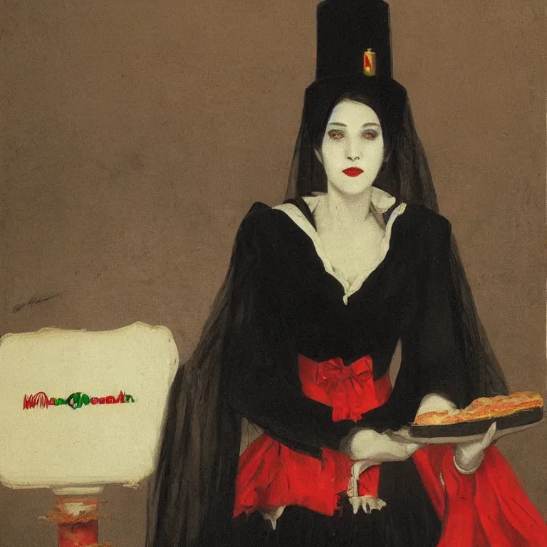 Prompt: portrait of a beautiful and grim vampire queen wearing a mcdonalds uniform by William-Adolphe Bouguerea