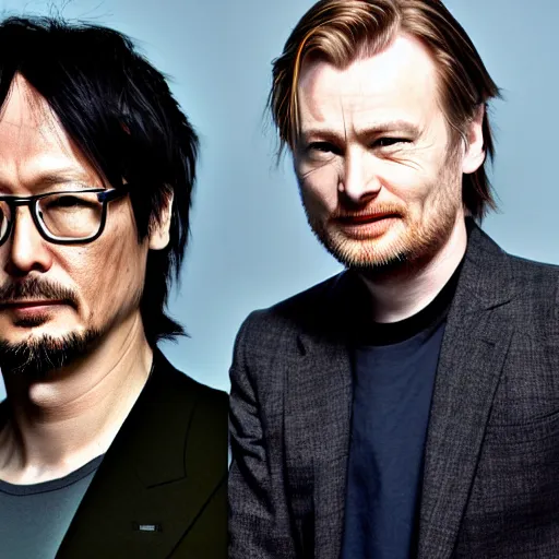 Image similar to Hideo Kojima and Christopher Nolan as Jesse Pinkman and Walter White matte paint portrait