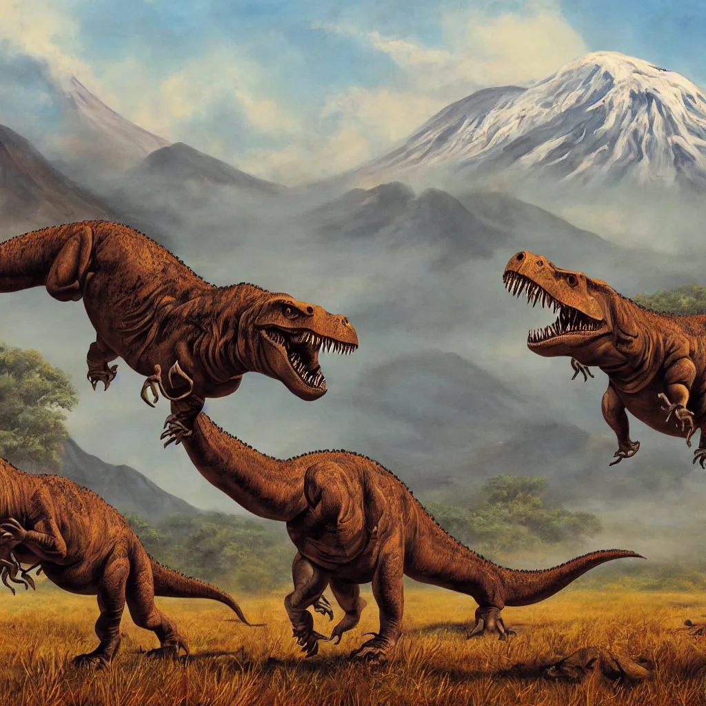 Prompt: a highly-detailed painting of a large t-rex walking through a vast savanna with mountains and volcanoes in the background