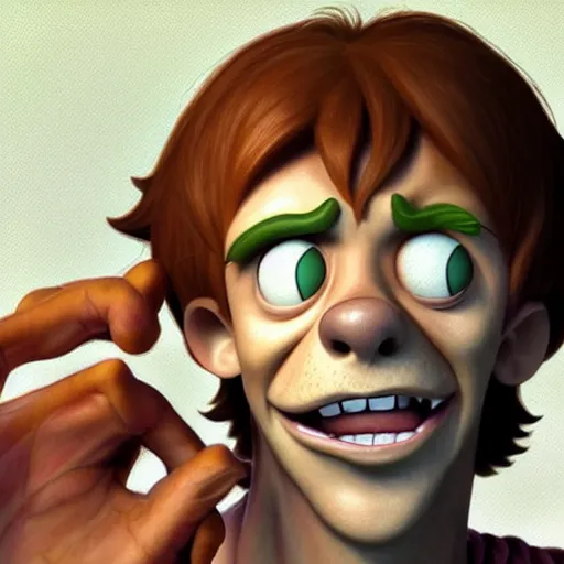 Prompt: a buff shaggy rogers making a surprised face, concept art by guillermo del toro, cgsociety, verdadism, creepypasta, zbrush, groovy