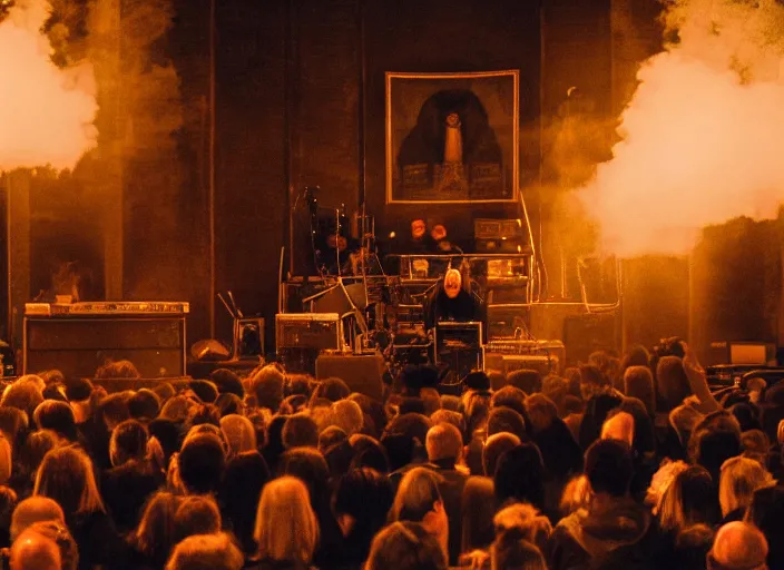 Image similar to a high resolution photograph of sunn o ) ) ) playing live at the vatican with monk robes, smoke machines, huge walls of amplifiers