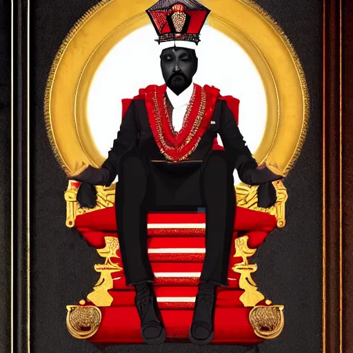 Image similar to the king of india sitting on a throne wearing a black suit and a red fez, detailed masculine face with red lips, black eyes and large forehead, moody atmosphere, digital art, highly detailed, high contrast, beautiful lighting, award winning, trending on art station, photorealistic, 8 k,